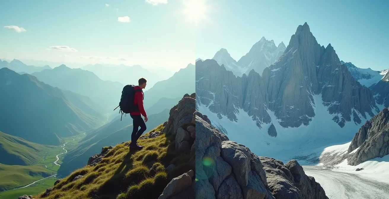 Split comparison showing UK hiker on Ben Nevis versus Alpine refuge at 3000m