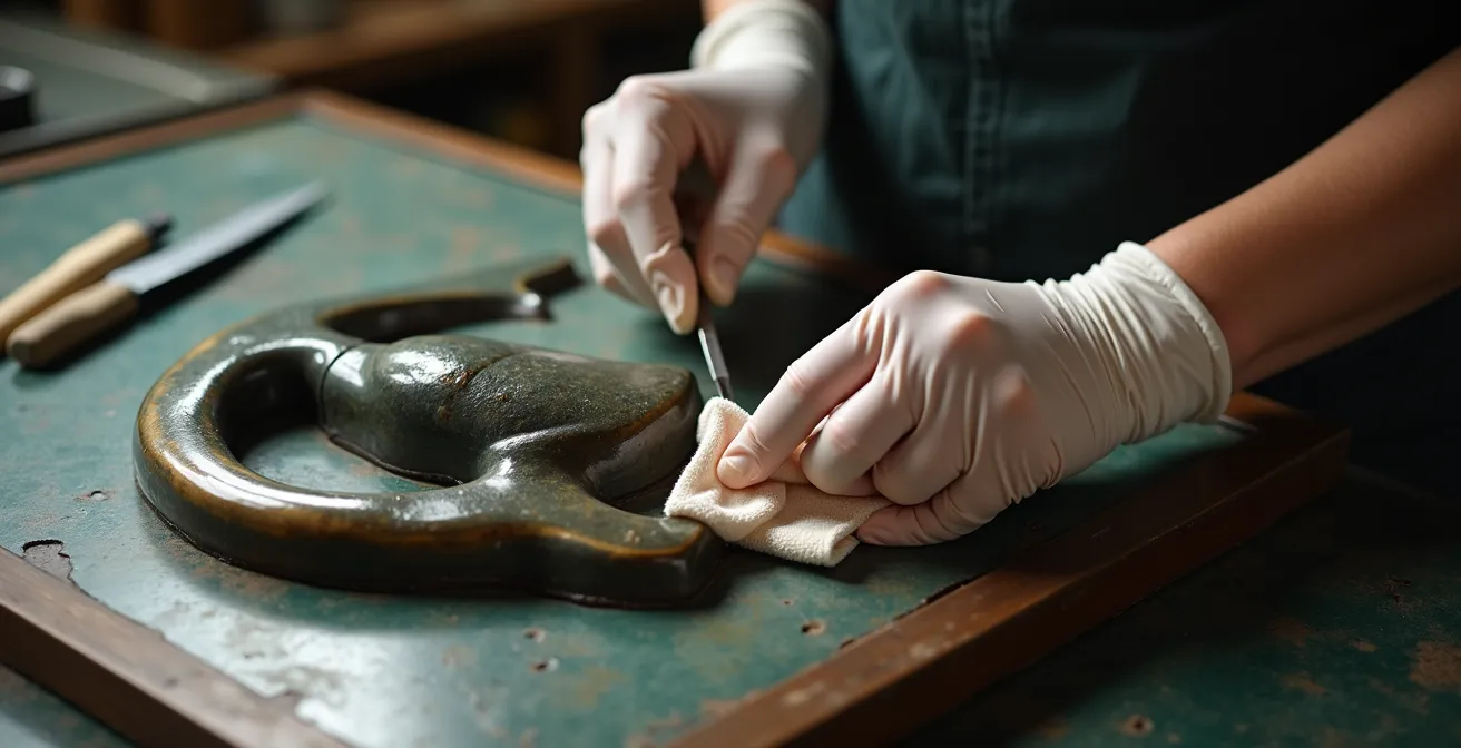 Hands applying protective wax to bronze sculpture surface with soft cloth
