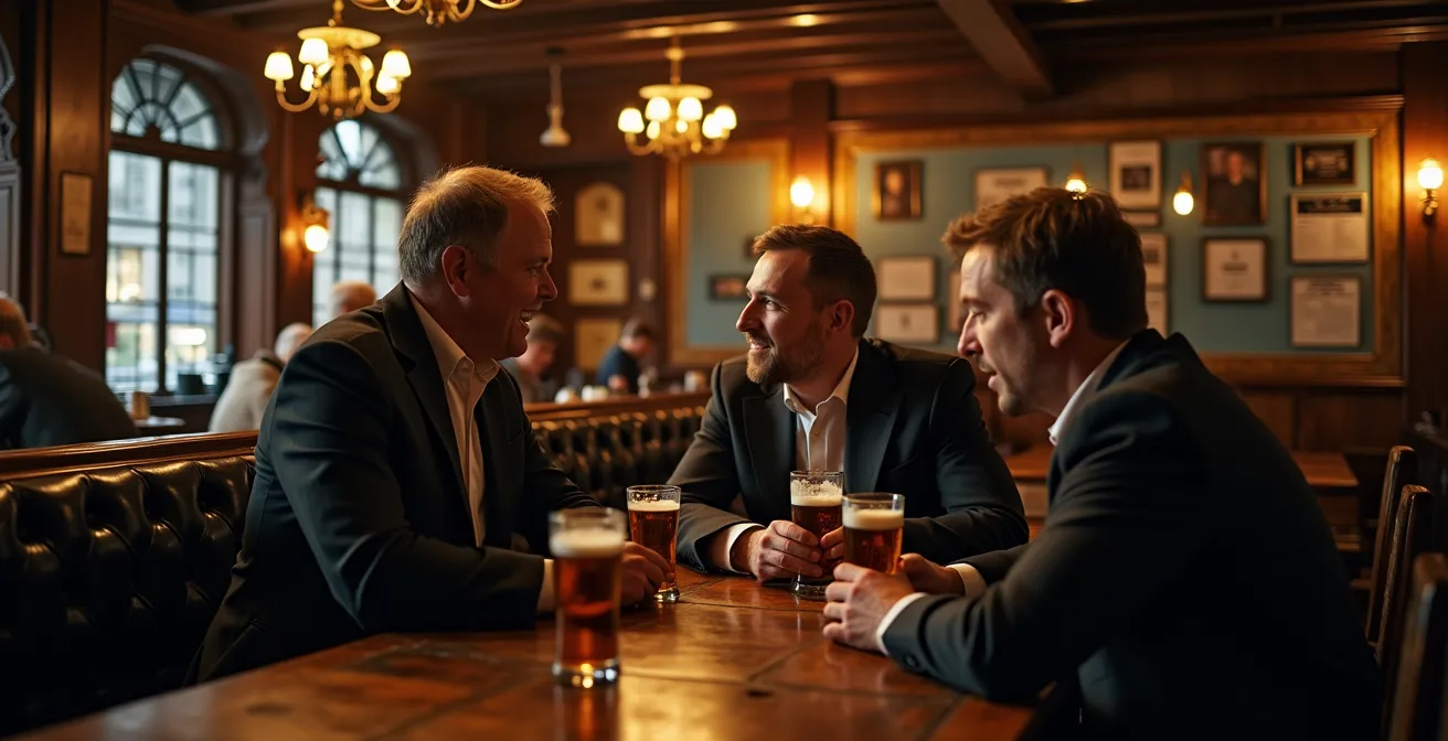 Warm interior of traditional Bath pub with locals enjoying evening drinks in cozy Georgian setting