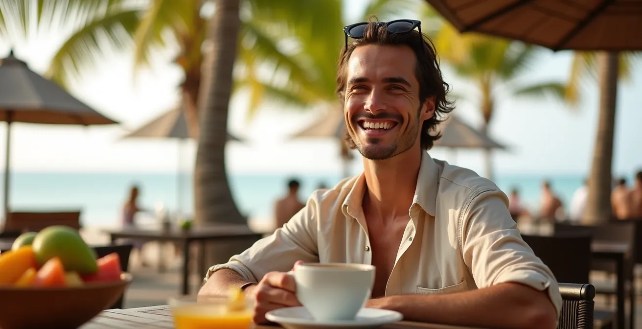 Traveller having breakfast outdoors on Seminyak beach terrace with natural morning sunlight