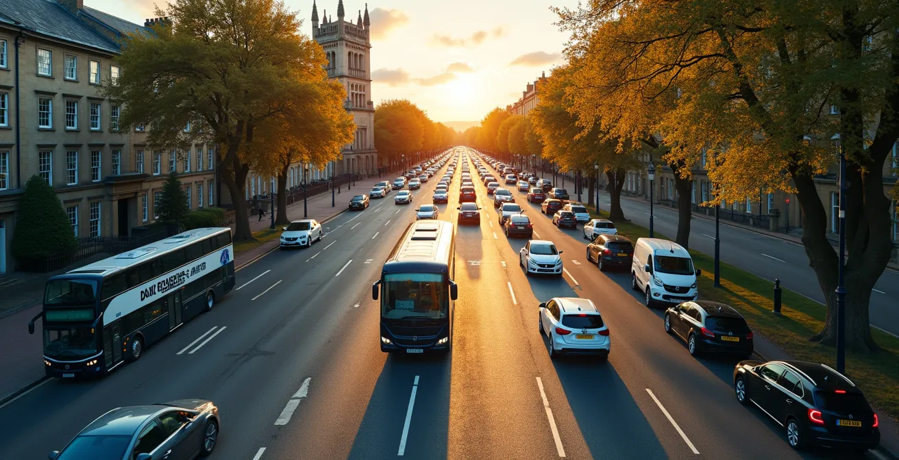 Split-screen aerial view showing peaceful Park & Ride facility versus congested city centre streets