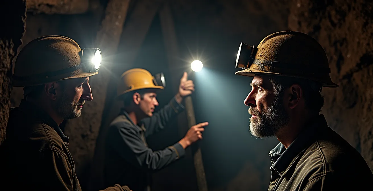 Miners' helmets with headlamps illuminating underground coal mine tunnel walls in dramatic chiaroscuro lighting