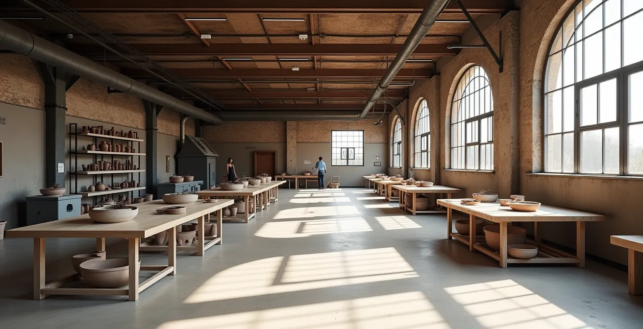 Wide view of a converted Bristol warehouse pottery studio with kilns and work stations