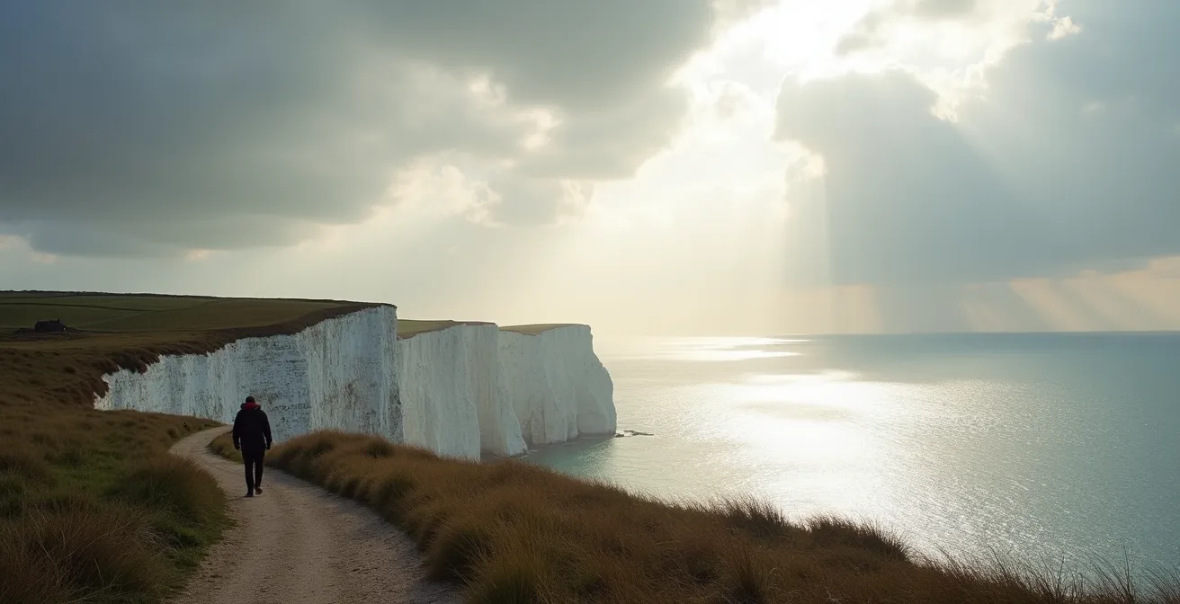 Wide view of chalk cliffs and coastline with winter sun breaking through clouds over English Channel