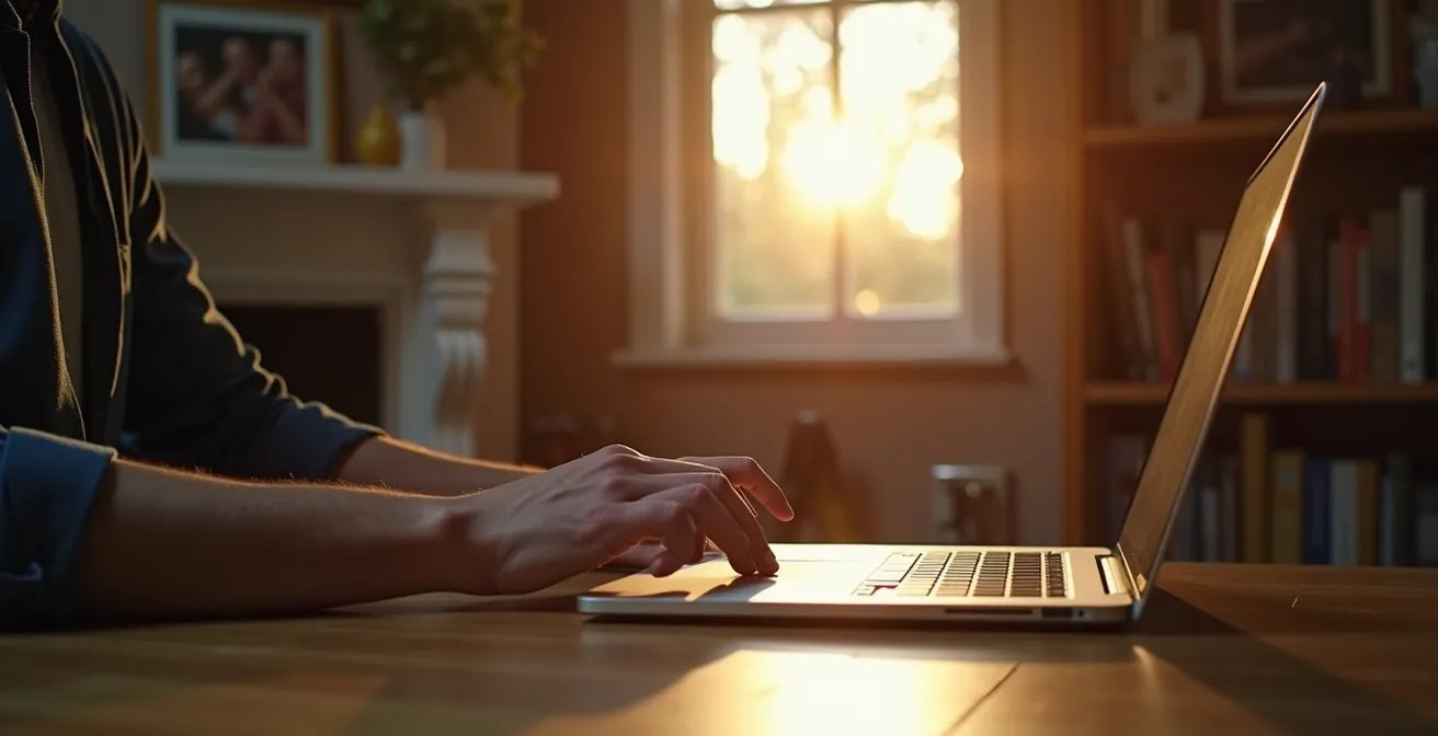 Remote worker closing laptop at home desk with evening light streaming through window