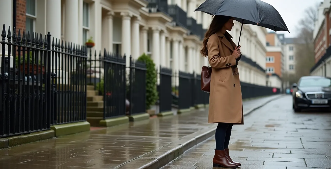 Side profile of person wearing trench coat with perfect hemline length against British townhouse backdrop