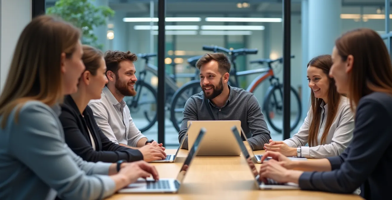 Professional office setting with bicycle parking visible through window