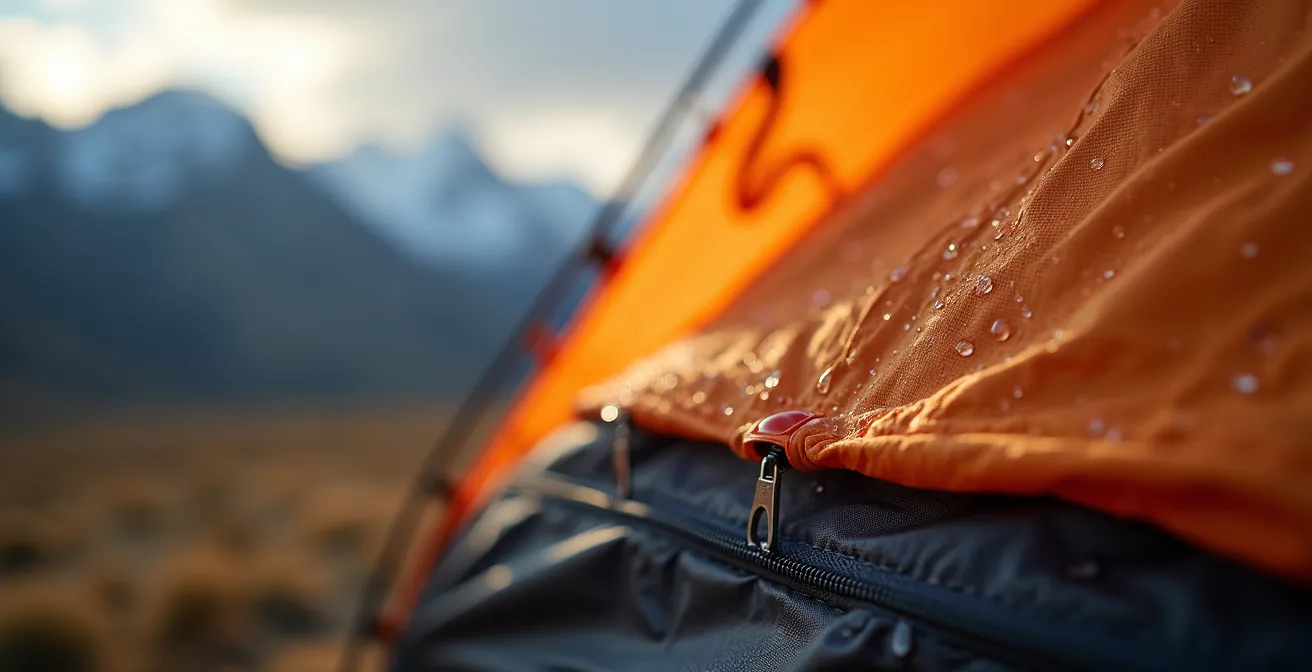 Macro shot of weathered tent fabric with Patagonian mountains blurred in background