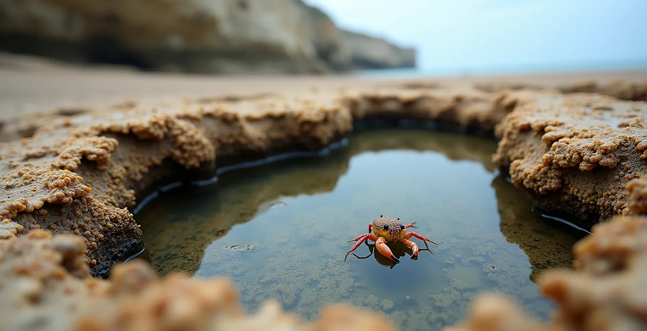 Exposed chalk rock pools at low tide with distant white cliffs and clear safety access path visible
