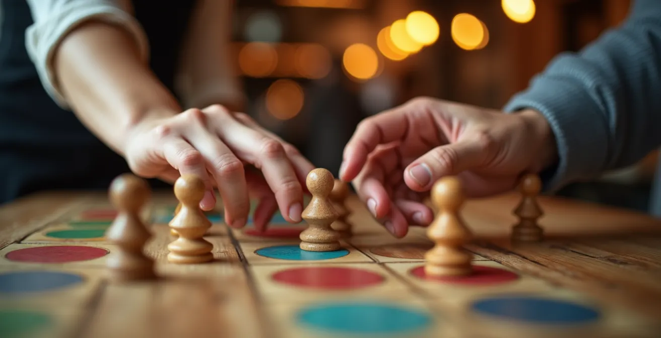 Macro shot of two hands reaching for colorful game pieces on wooden table
