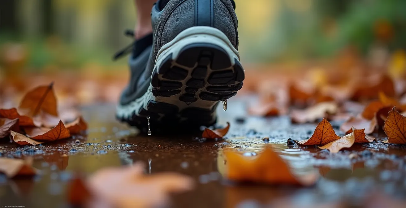 Close-up of a runner's feet navigating wet autumn leaves