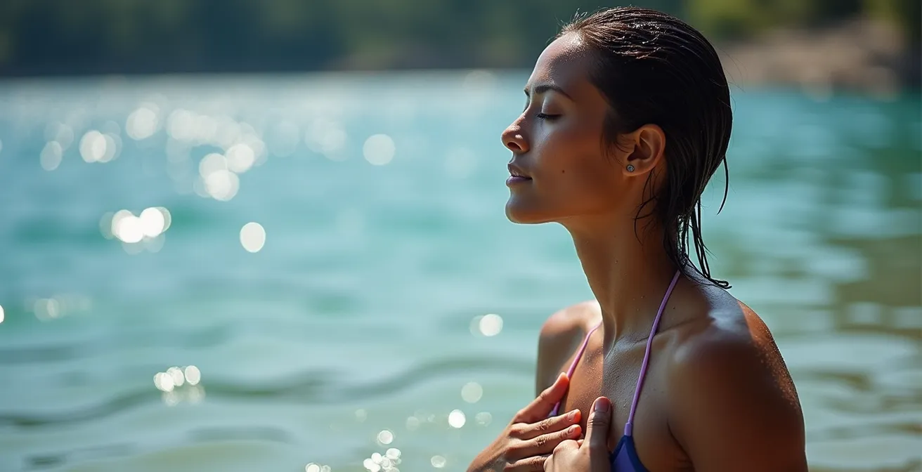 Close-up of swimmer demonstrating controlled breathing technique before water entry