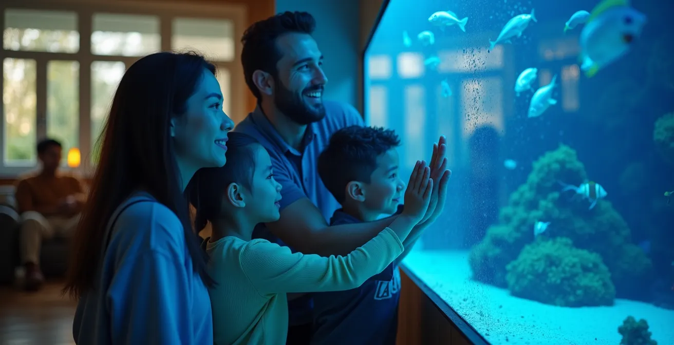 Family enjoying an indoor aquarium with rain visible through the windows, a classic rainy-day activity in the UK.