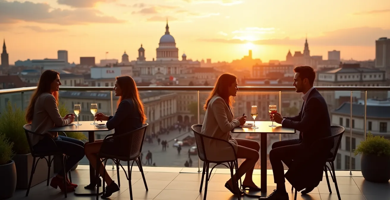 Evening view from Royal Opera House terrace overlooking Covent Garden piazza