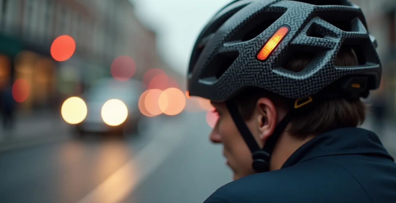 Close-up of cyclist with helmet-mounted camera in London traffic