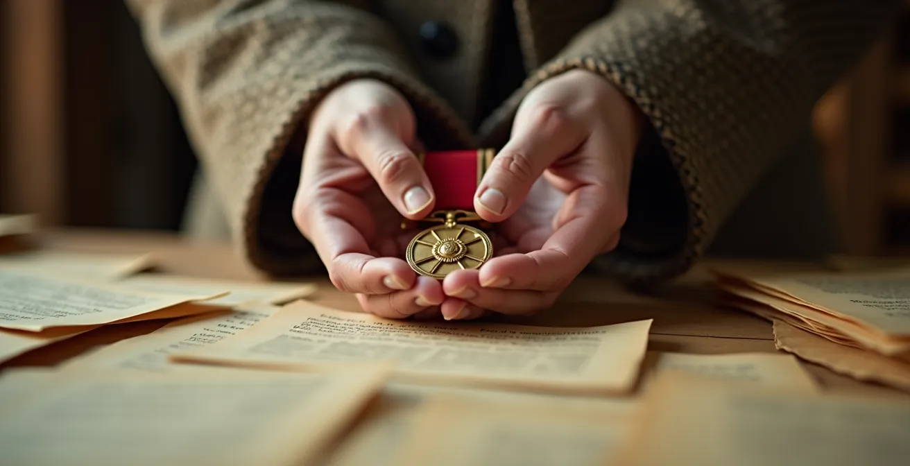 Researcher examining historical military documents with medals and archive boxes in soft focus background
