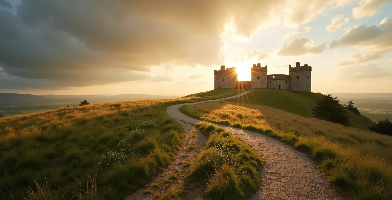 Wide landscape view of historic English castle ruins against a dramatic sky