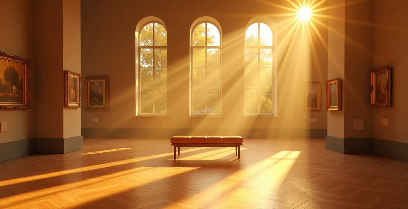 Museum gallery interior bathed in warm evening light with long shadows