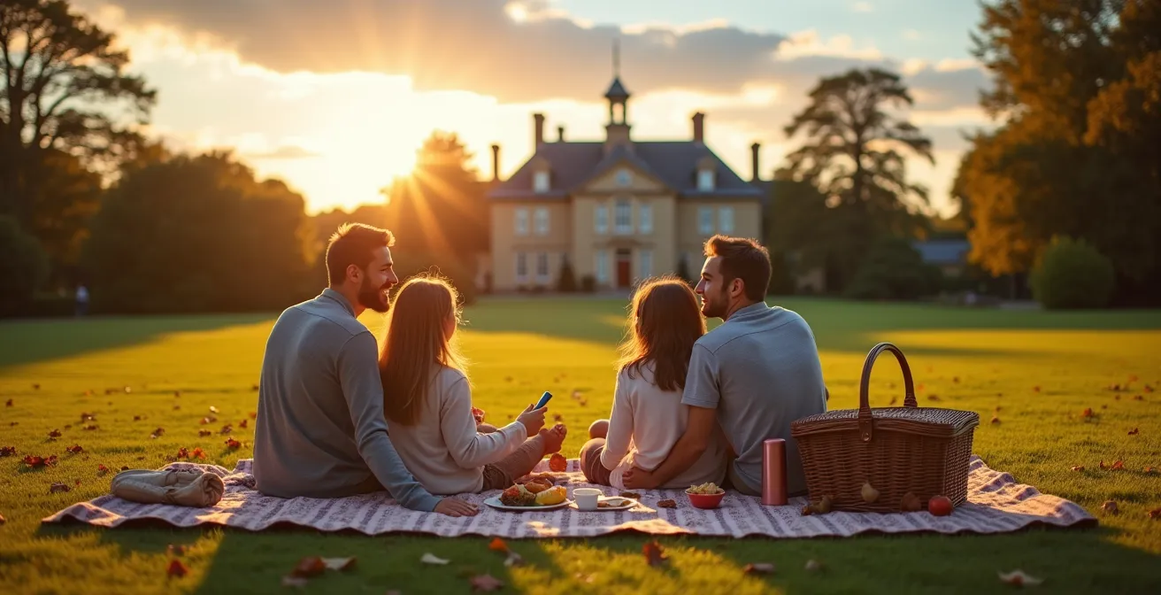 Family enjoying a relaxed picnic on the grounds of a National Trust stately home during golden hour