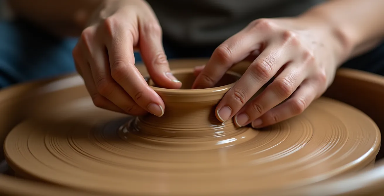 Close-up of hands working with clay on a pottery wheel showing texture and movement