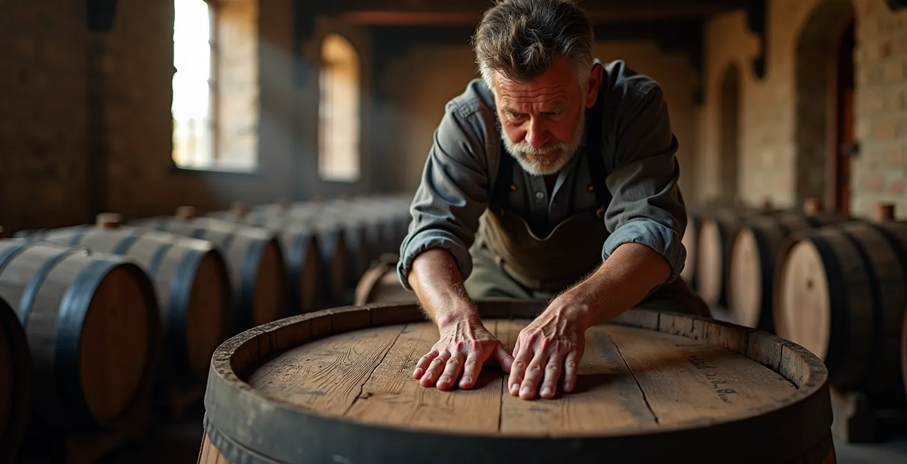 Master distiller in traditional Scottish warehouse inspecting whisky cask with natural lighting