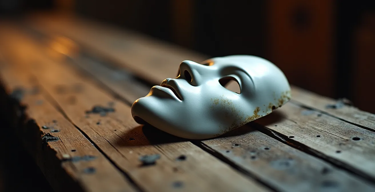 Close-up of theatrical masks maintaining boundaries in performance space