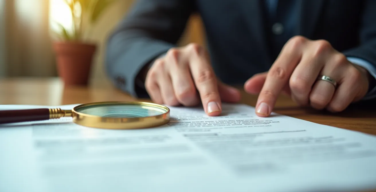 Close-up photograph of hands examining employment contract details with magnifying glass