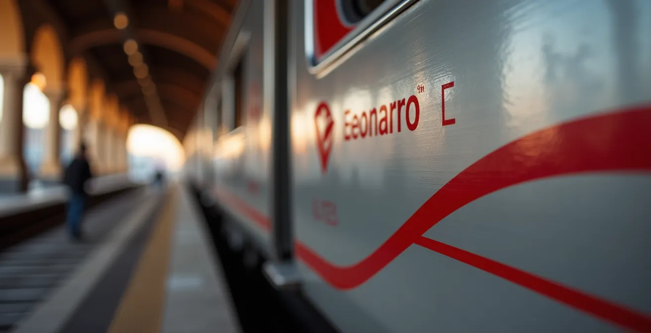 Modern Leonardo Express train at platform with travelers boarding and departure boards in background