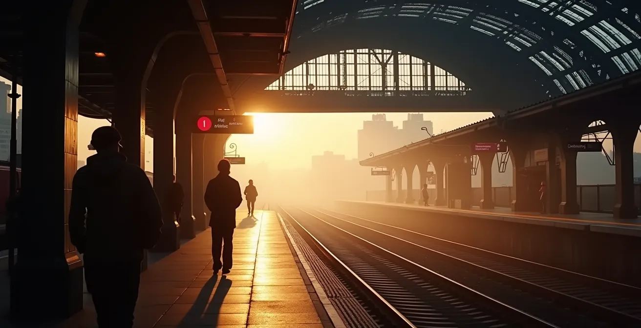 Wide angle view of commuters at a Greater London train platform during morning hours