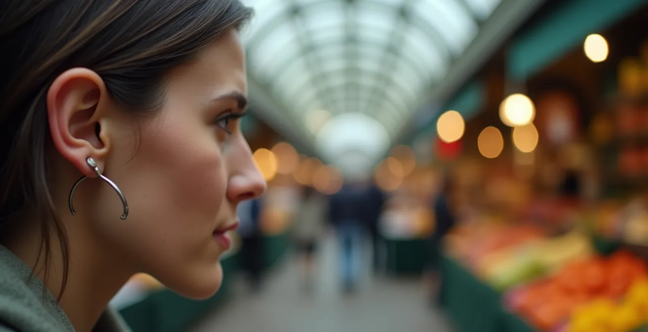Person walking mindfully through Borough Market without headphones, fully engaged with surroundings