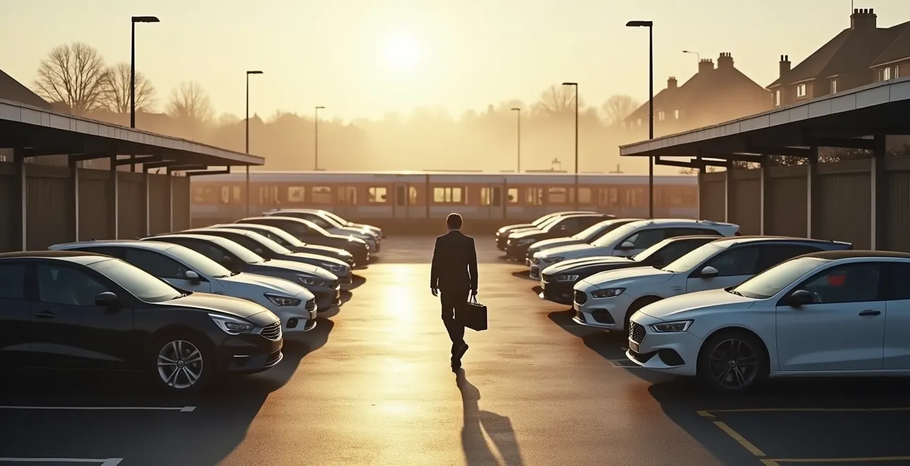 Aerial view of outer London station car park with train platform and commuter walking from car
