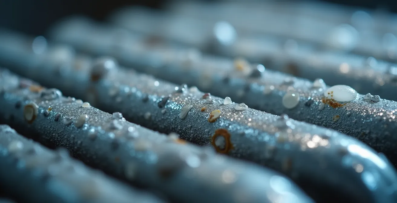 Extreme close-up of limescale deposits on boiler heat exchanger surface