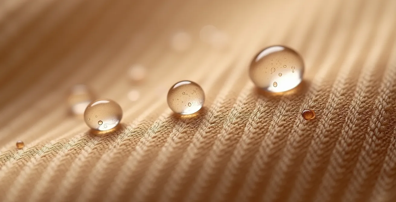 Extreme close-up of water beading on tightly woven gabardine cotton fabric