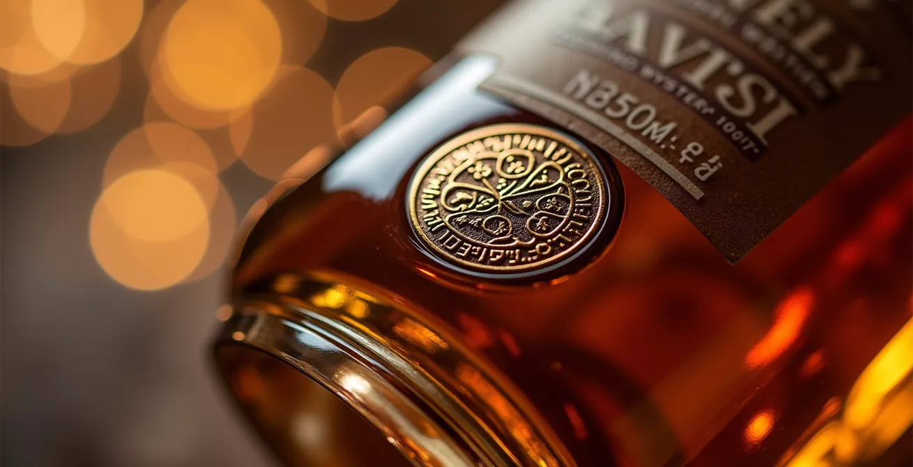Extreme close-up of embossed pattern on Scottish whisky bottle with reflective security seal
