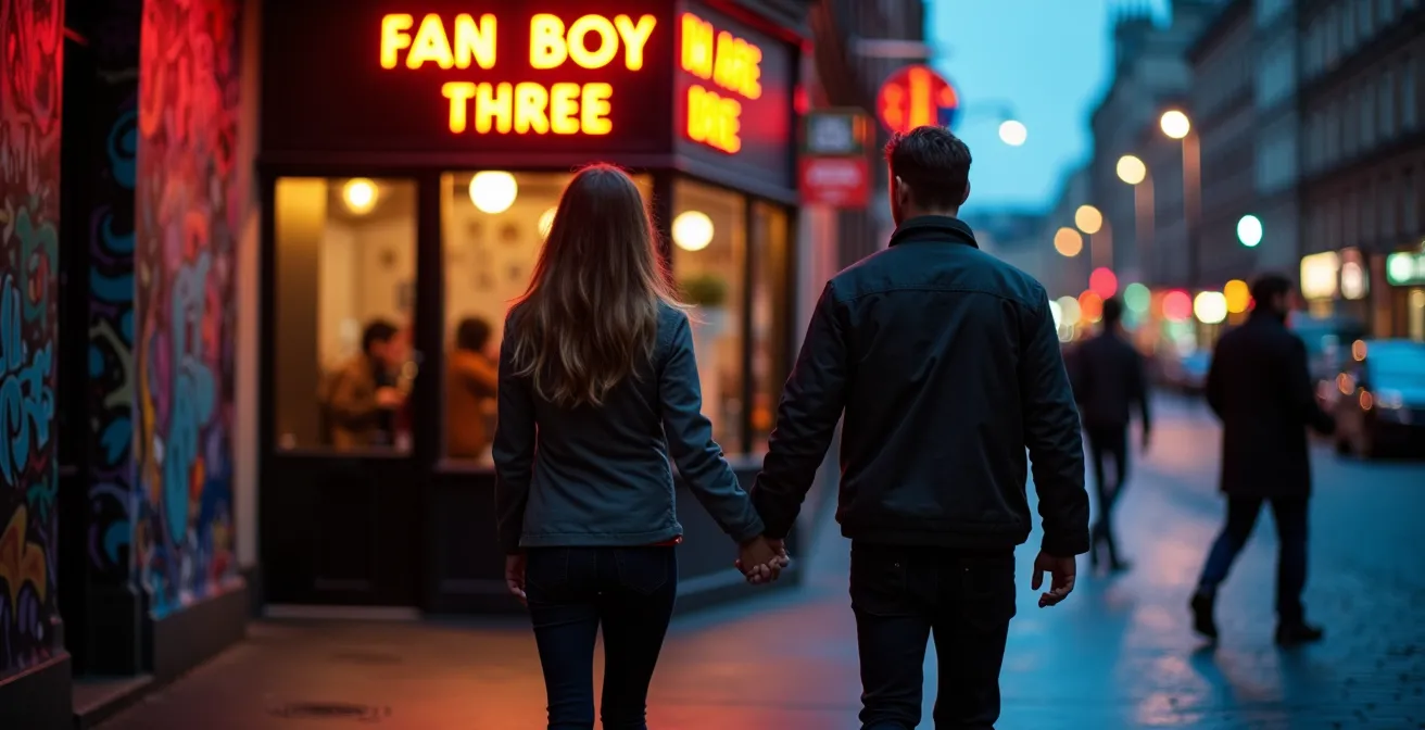 Vibrant Northern Quarter street view with board game cafe entrance at dusk