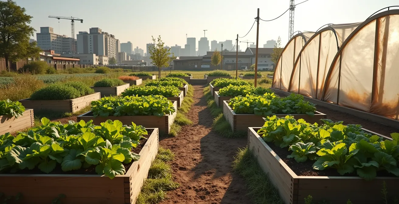 Temporary community garden on unused development land with raised beds and community gatherers
