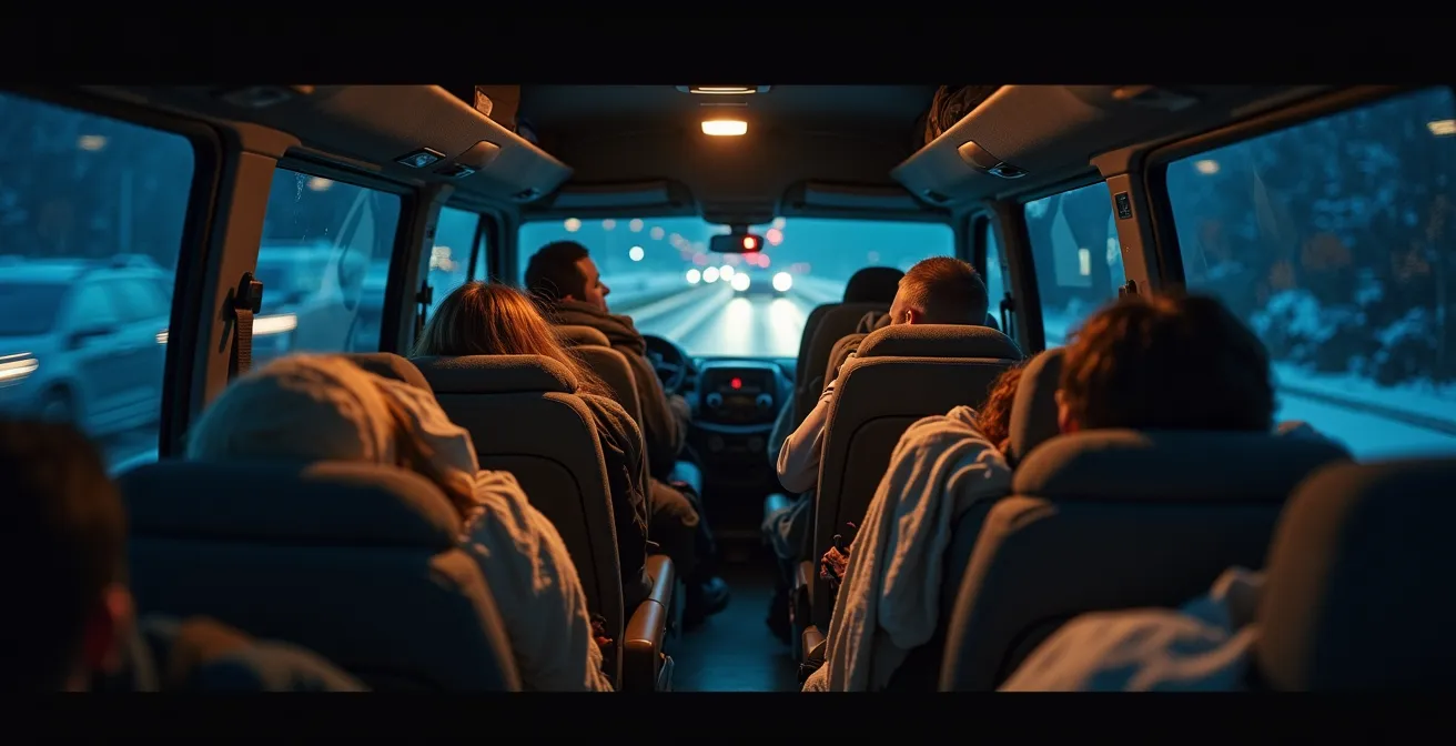 Interior view of minibus at night with sleeping hikers during Three Peaks transfer