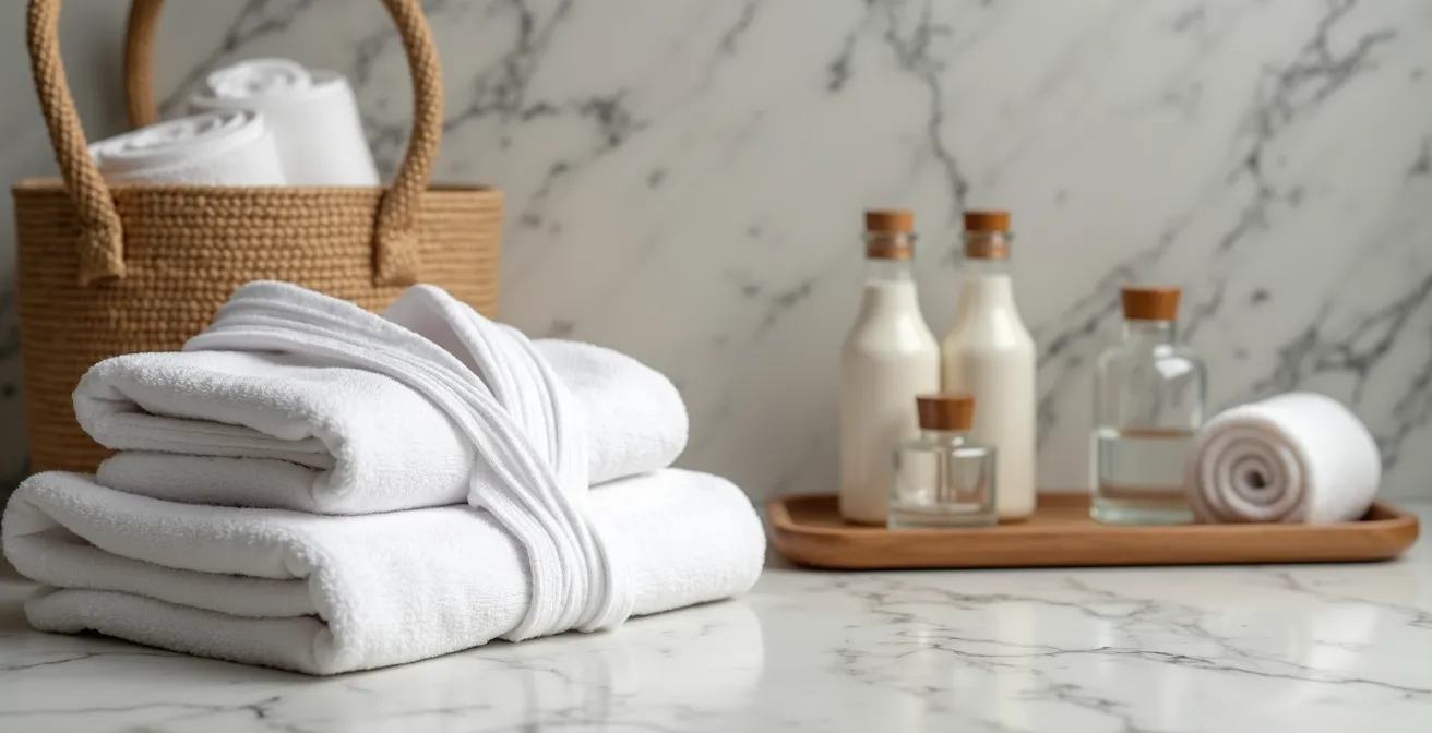 Serene hotel room with neatly organized spa essentials on marble surface