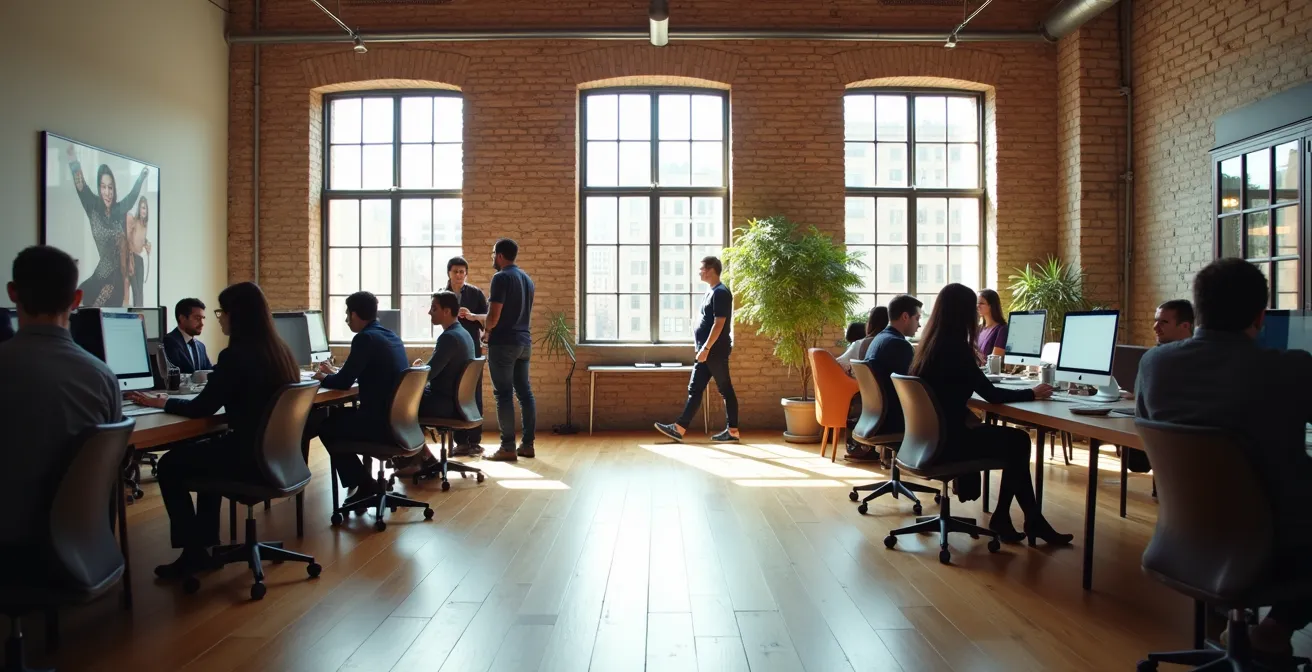 Contemporary coworking space in a converted building with remote workers