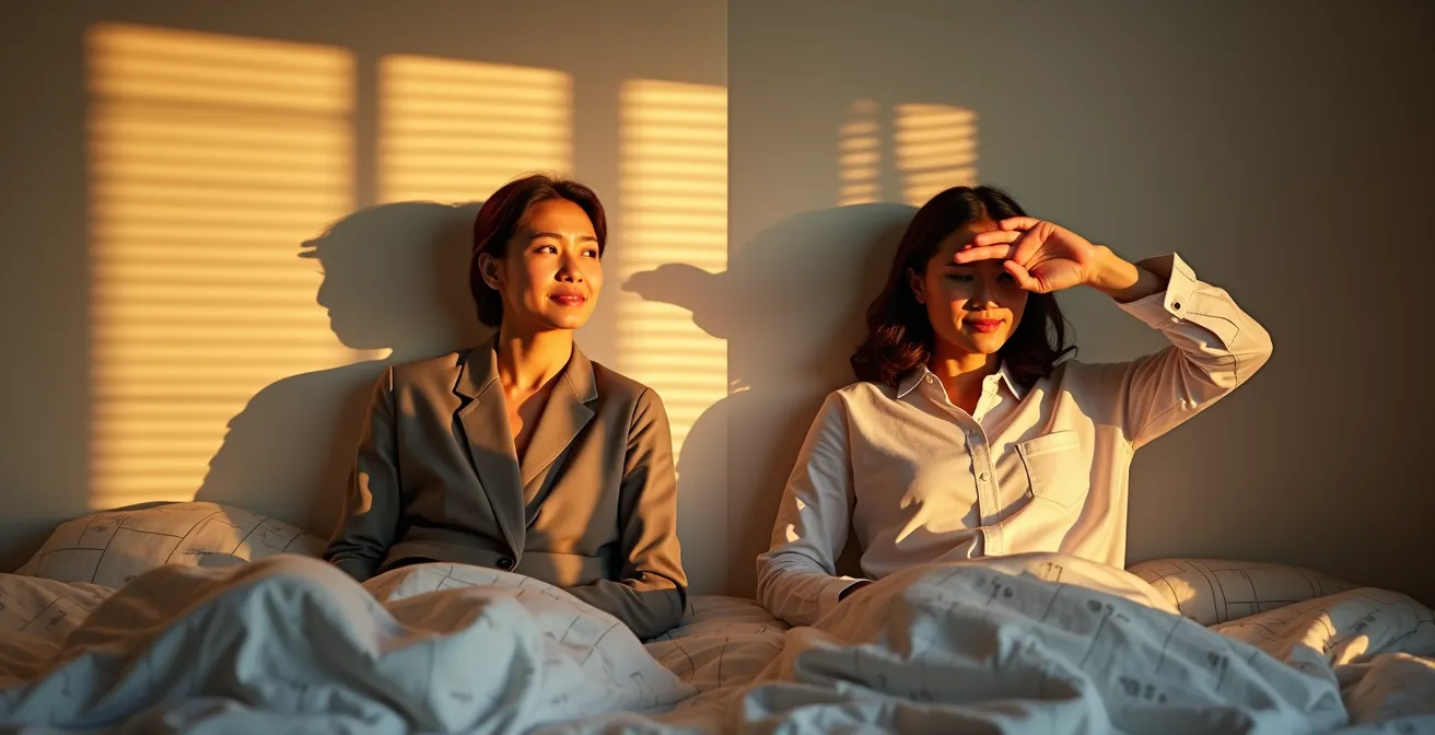 Split screen comparison showing morning person energized at dawn versus night person struggling with early light