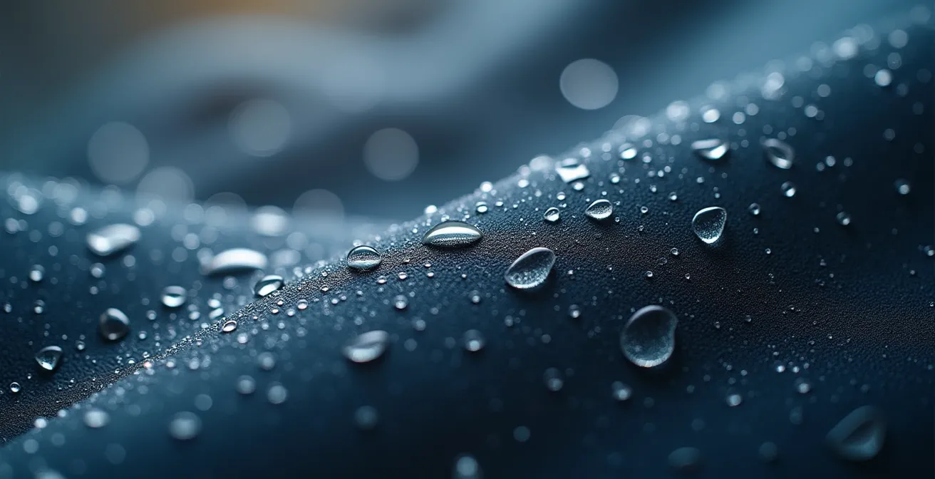 Extreme close-up of waterproof fabric beading with water droplets
