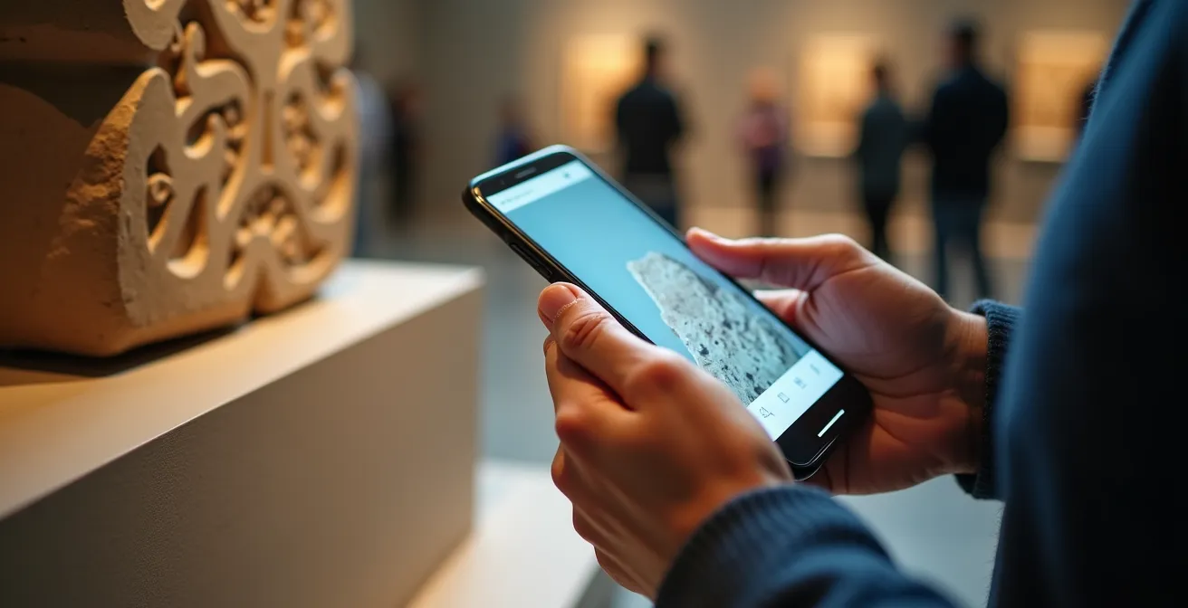 Close-up of a museum visitor's hand holding a phone next to an ancient artifact display