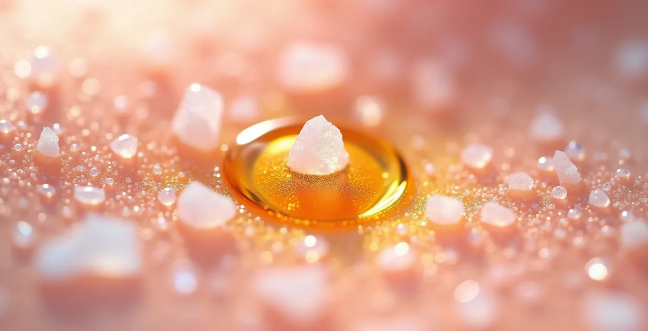 Extreme close-up of oil cleanser breaking down mineral deposits on skin surface