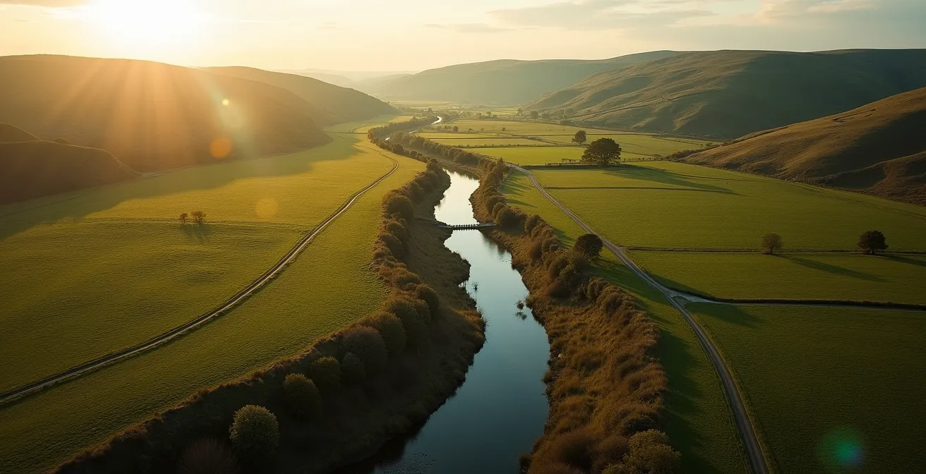 Aerial view of English countryside showing different land access types