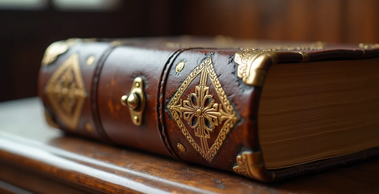 Ancient parish chest and leather-bound registers in historic English church vestry