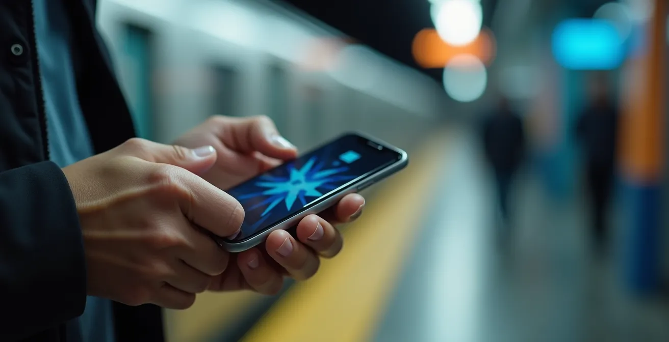 Commuter comparing information on phone at railway platform
