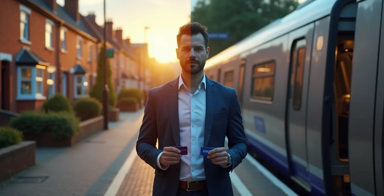 Modern Reading station platform with Elizabeth Line train and suburban houses in background
