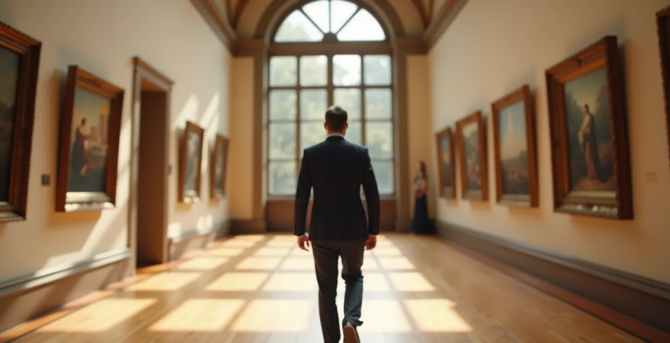 Museum visitor walking through empty gallery corridor in opposite direction