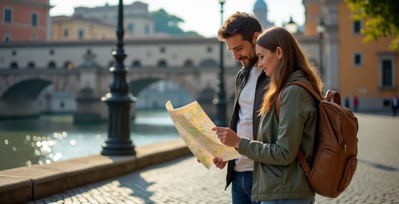 Tourist studying a paper map of Rome while standing on ancient cobblestones with the Tiber River visible in background
