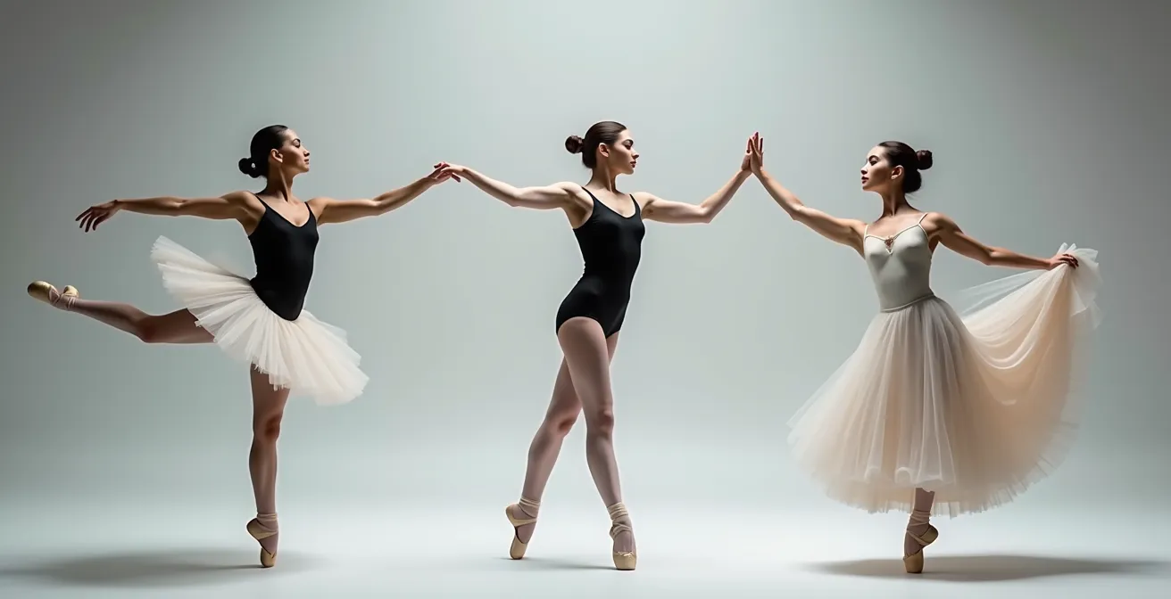 Three ballet dancers in different poses representing classical, neoclassical and contemporary styles